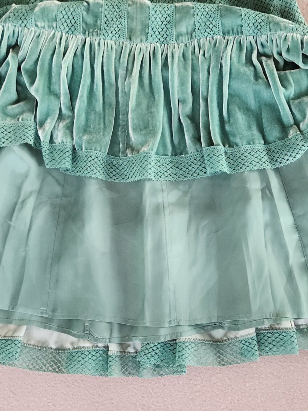 VINTAGE FREE PEOPLE TEAL VELVET & LACE PLEATED MIDI SKIRT SILK BLEND Y2K SIZE 12 - Picture 5 of 10